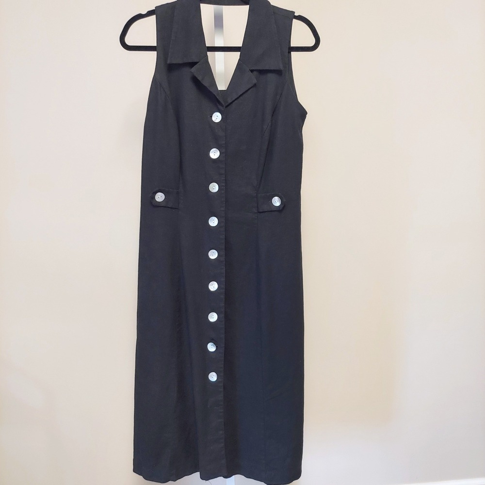 VIRGO Black Linen Rayon Sleeveless Button Front Maxi Dress 12 Lagenlook Goth